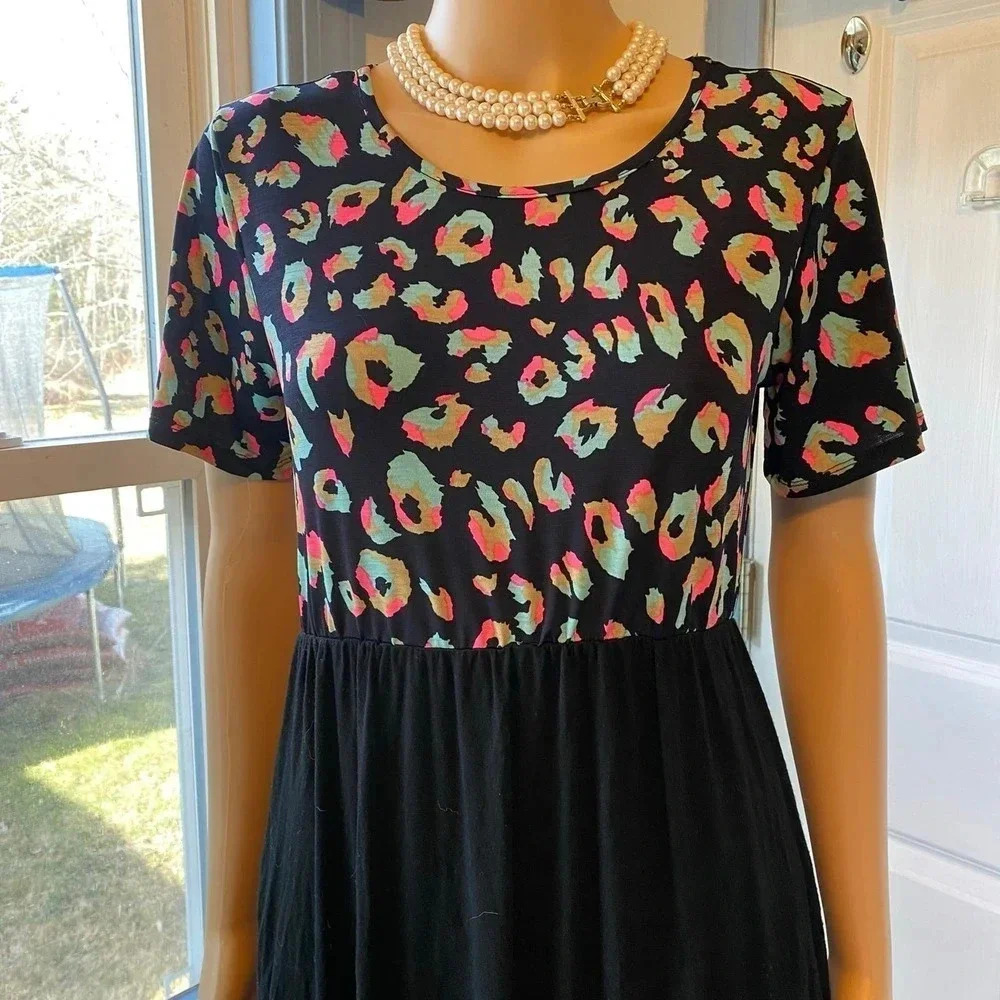 VTG Heimish USA Leopard Black Beach Summer Stretch Casual Maxi Dress Women SZ S - Picture 5 of 6